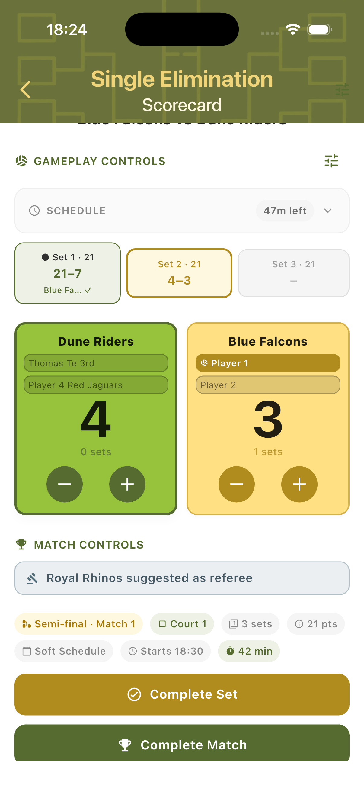 Scorecard after side change with teams swapped to reflect new court positions