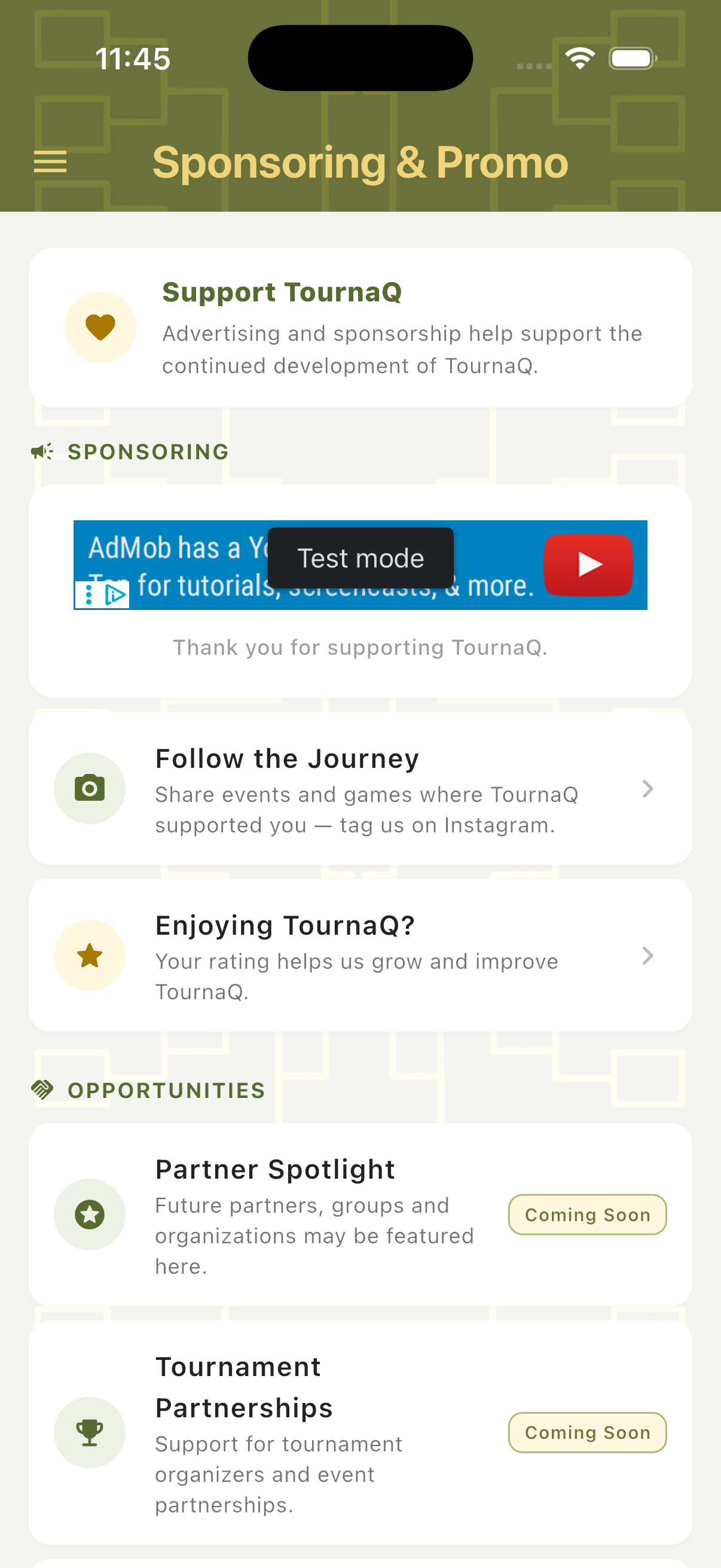 Sponsoring and Promo screen showing ad banner Follow the Journey rate app and Coming Soon partnership features